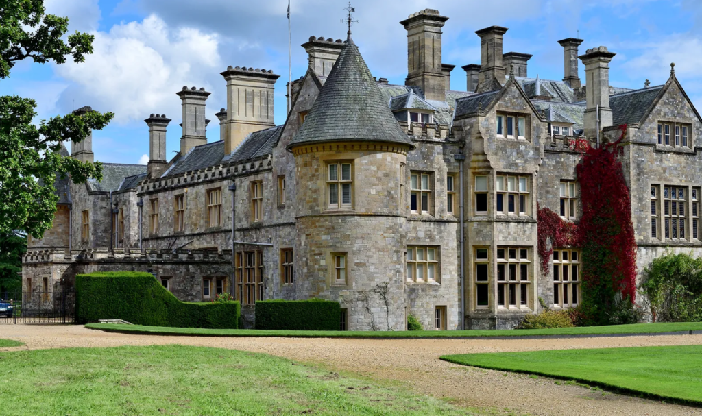 Highclere Castle surrounded by lawns in Hampshire