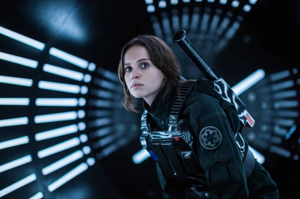 Felicity Jones in Star Wars: Rogue One, a production filmed at Black Hangar Studios