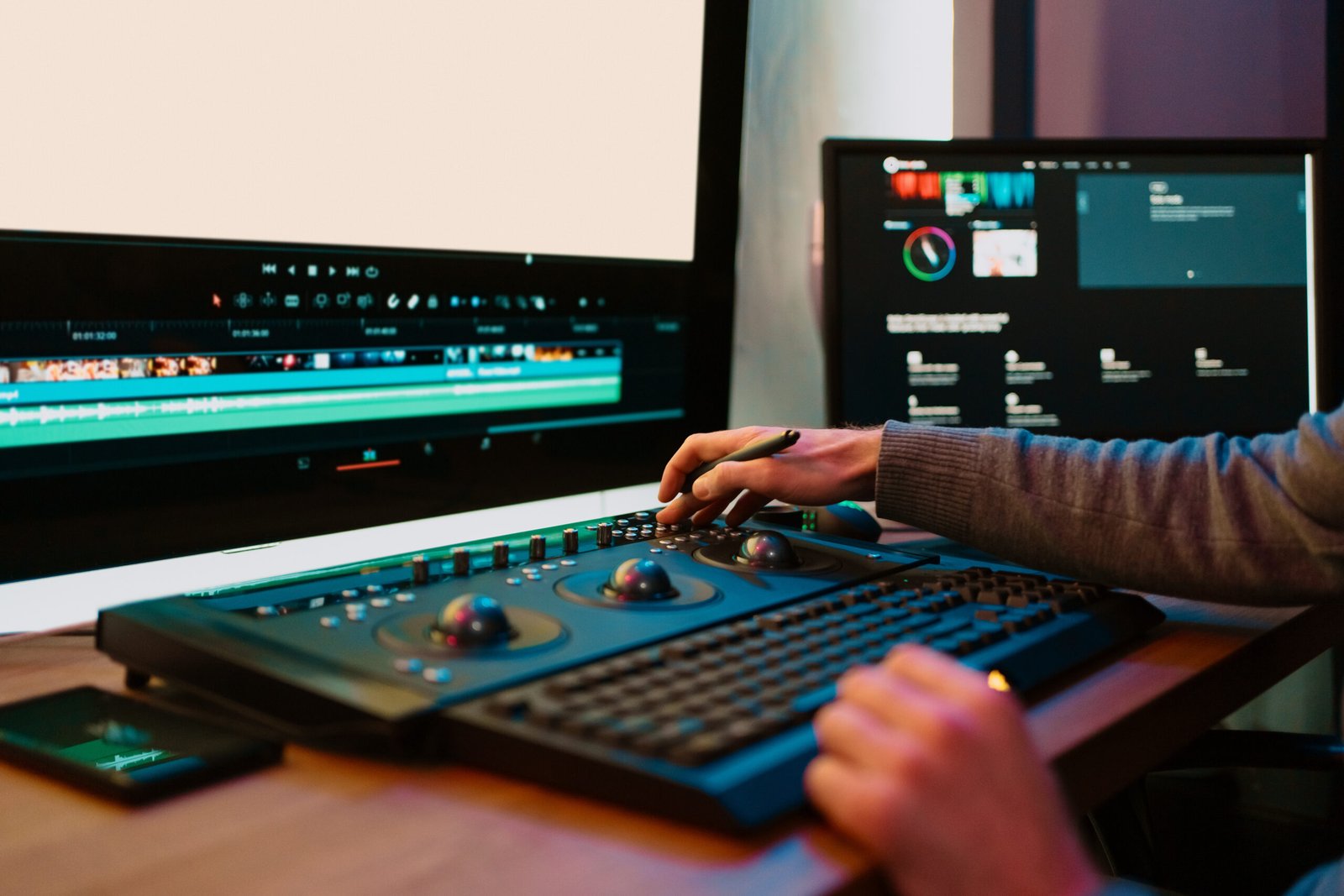 Colourist working at a DaVinci Resolve grading panel