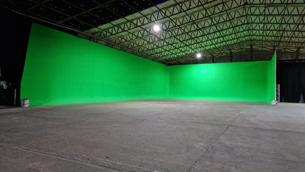 The green screen cyclorama inside the main stage