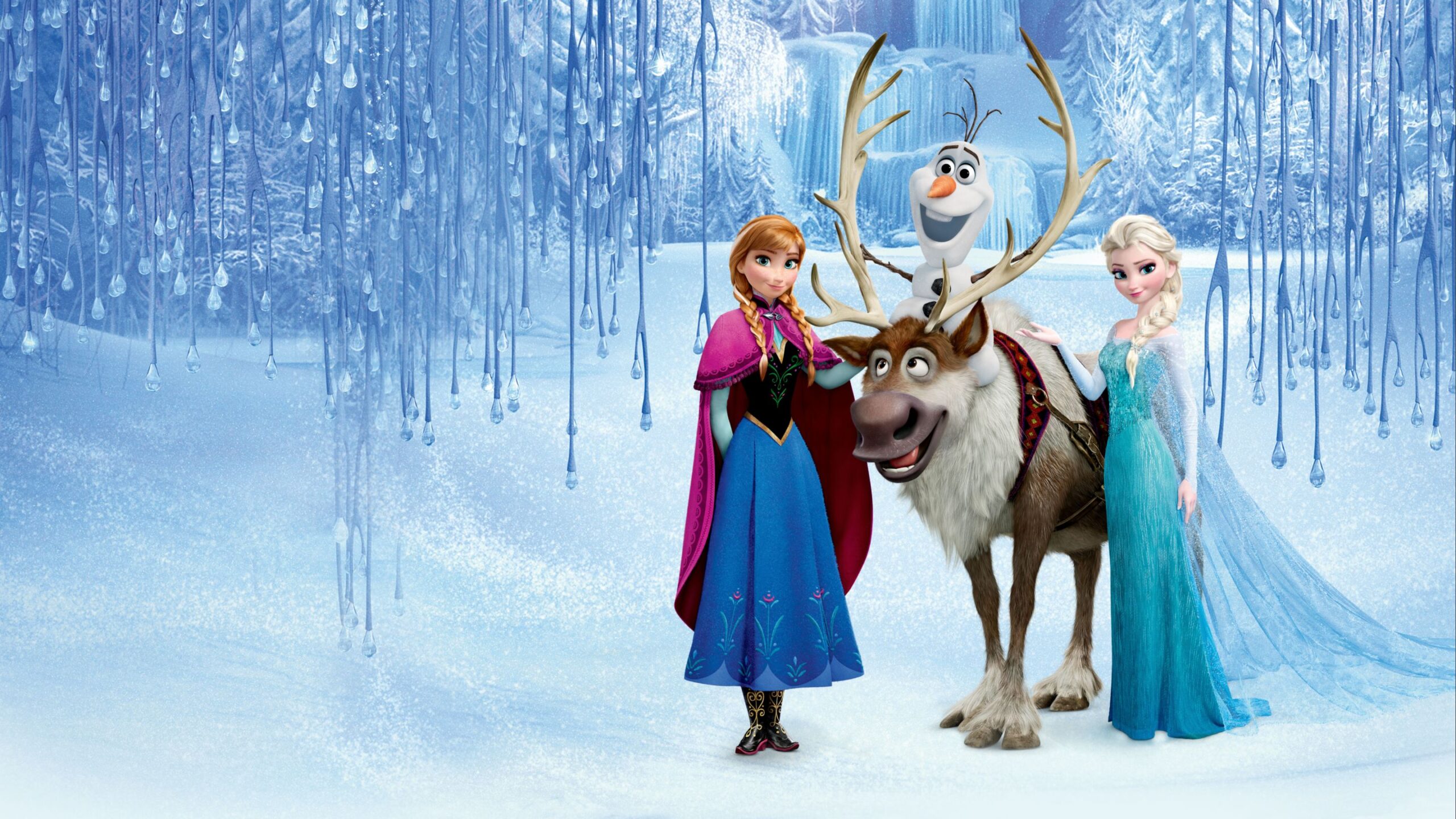 Elsa, Anna, Olaf, and Sven smiling at the camera
