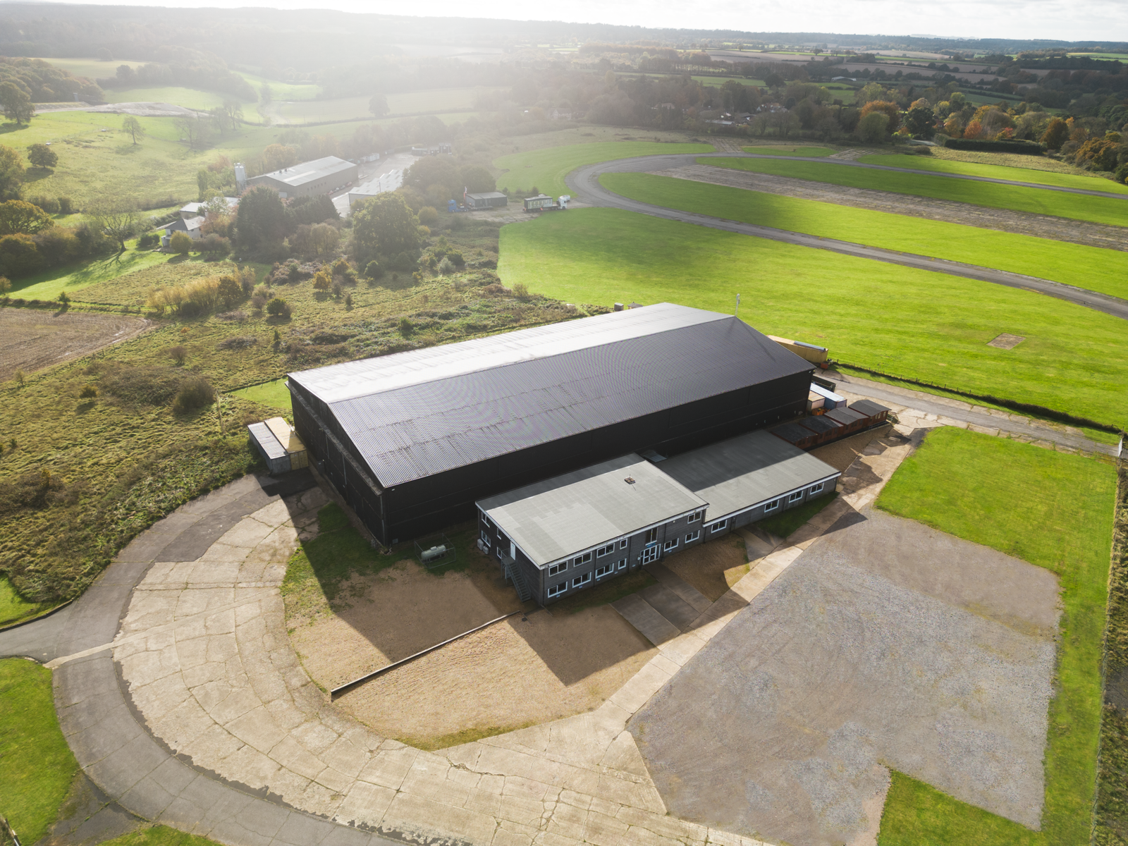 Aerial view of the Black Hangar Studios lot on Lasham Airfield